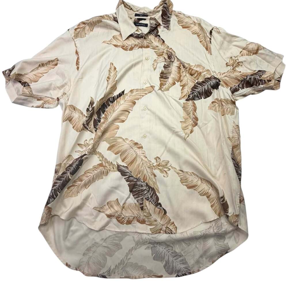 Nautica Men's Tropical Leaf Print Short Sleeve Button-Down Shirt, 100% Silk